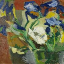 1965 - Heidy Isler - Weisse und blaue Blumen - Oel auf Karton - 44x45 cm.jpg