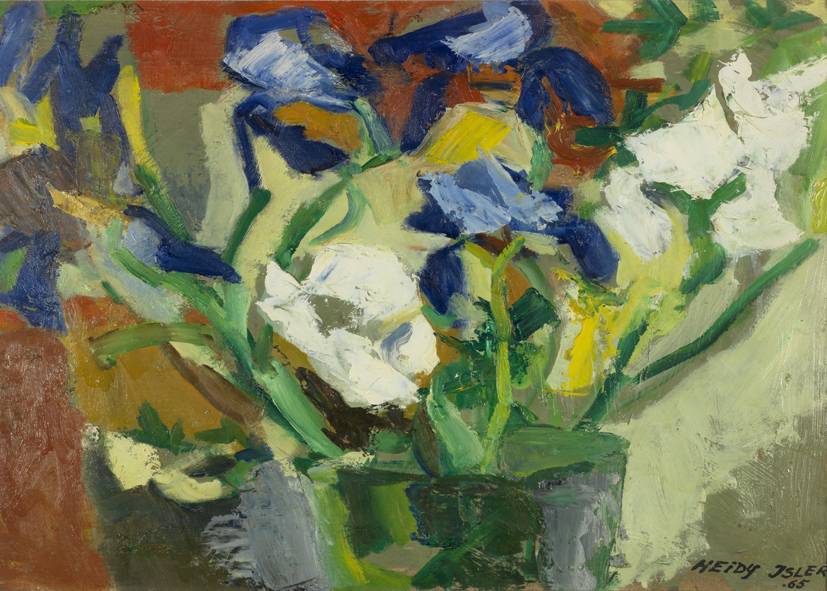 1965 - Heidy Isler - Weisse und blaue Blumen - Oel auf Karton - 44x45 cm.jpg